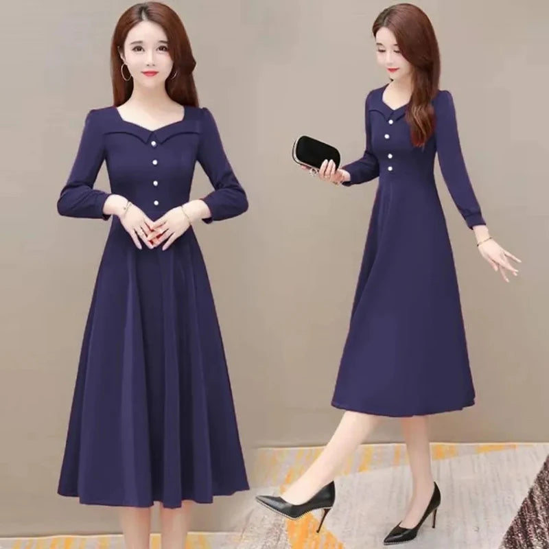 Solid Colors Midi Dress Woman Slim High Waist Long Sleeve Lady Office Vestidos Spring Autumn Outfits Women Dress For Work