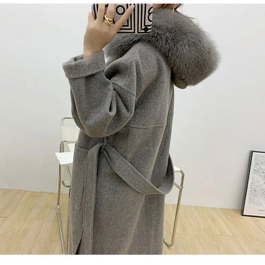 Cashmere Woolen Women Plus Size Coat Long Sleeve Real Fox Fur Hooded Loose Casual Jacket Double-Sided Wool Oversize Overcoat Women Vests - Girl Jacket