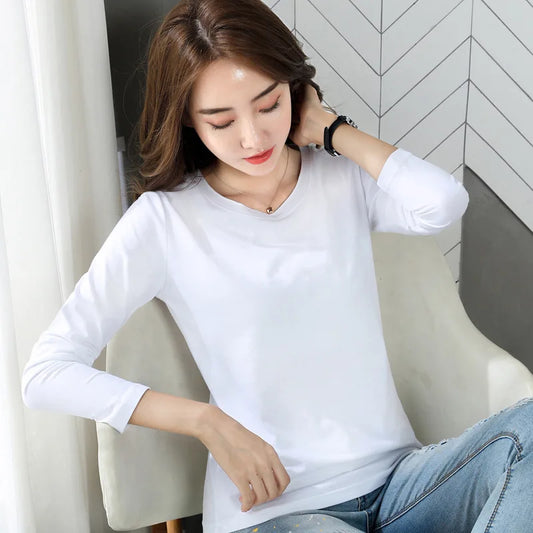 New Female T-shirt Long Sleeve Cotton T-Shirt Ladies Winter Top Tee Solid Color Basic Tshirt Casual T-shirts For women tops - women contemporary - women casual - girl tops - girl short