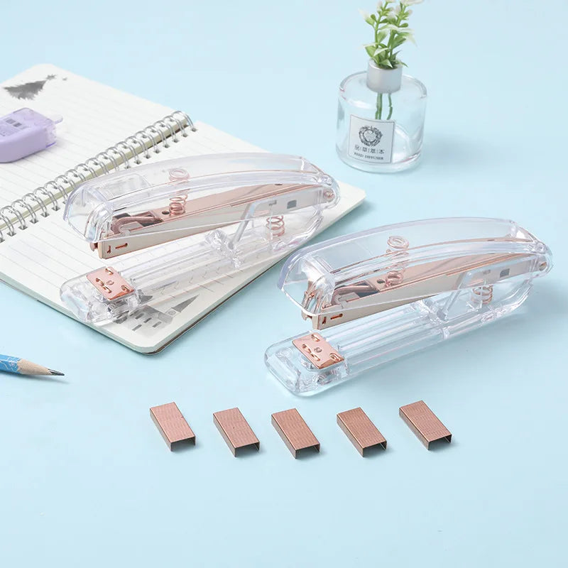 Rose Gold Color Stapler Set Acrylic Transparent Design Binder 24/6 Staples Stationery Office Binding Tools School Supplies