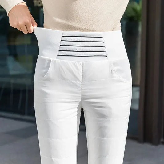 Winter Warm Duck Down Pants Korean Fashion Striped White Down Thicken Woman Slim High Waist Cotton Stretch Pencil Pants Women Trousers - Women Legging