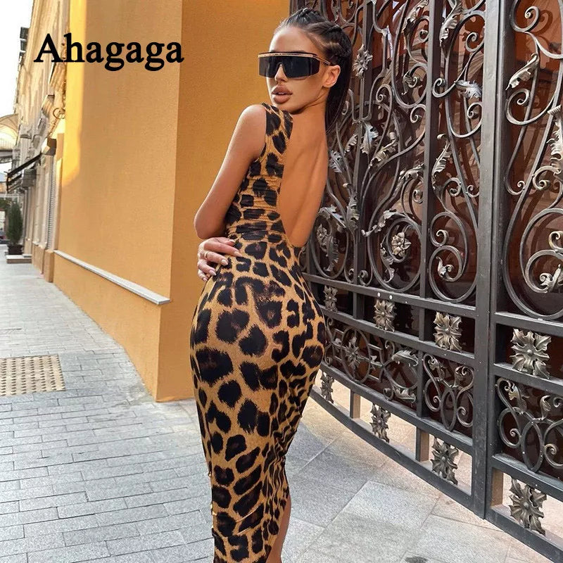 AHAgaga Sexy Leopard Print Fashion Backless Sheath Bodycon Prom Gown Sleeveless Party Dress Vestido Robe Women Prom