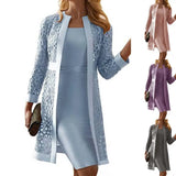 Elegant Woman Dress Set Outfits Solid Color Lace Long Sleeve Cardigan Coat Dress Set Fashion Office Lady Dress Sets Party Women Work Dress