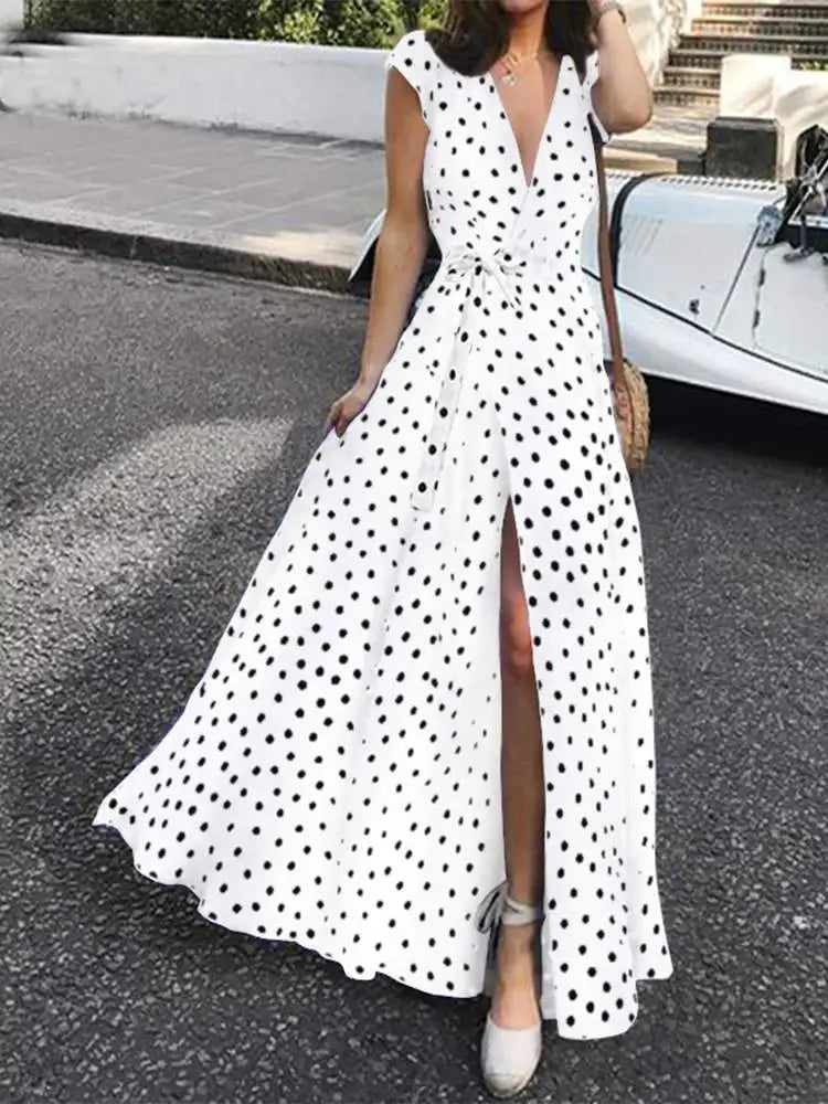 Celmia Bohemian Polka Dot Split Hem Maxi Sundress Woman Summer Short Sleeve Long Dress Vacation V-Neck Belted Vestidos Women Casual - Women Prom