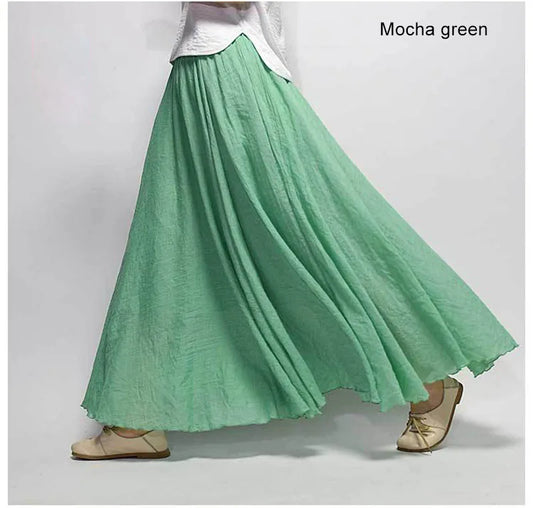 Women's Elegant High Waist Linen Maxi Skirt Summer Ladies Casual Elastic Waist 2 Layers Skirts saia feminina 20 Colors SK53- Women Skirts - Formal Skirts - Women Casual