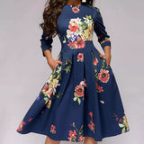 Fashion Woman Dress Elegant Fashion Floral Print Sleeve Round Neck A-line Slim Fit Ruched Evening Party Dress Women Plus Size Clothing - Women Prom