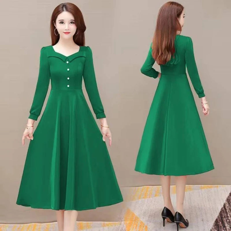 Solid Colors Midi Dress Woman Slim High Waist Long Sleeve Lady Office Vestidos Spring Autumn Outfits Women Dress For Work