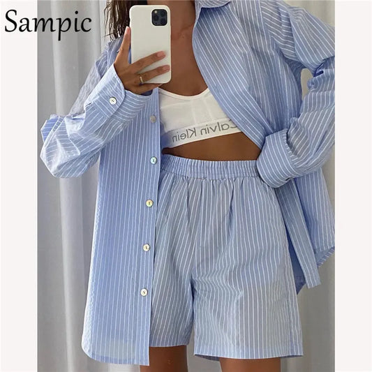 Sampic Loung Wear Tracksuit Women Shorts Set Stripe Long Sleeve Shirt Tops And Waist Loose High Mini Shorts Two Piece Sets Women Short & Leggings