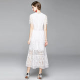 Summer Woman High-Quality Elegant Slim Hollow Out A-line Lace Midi Dress green white pink Women Casual