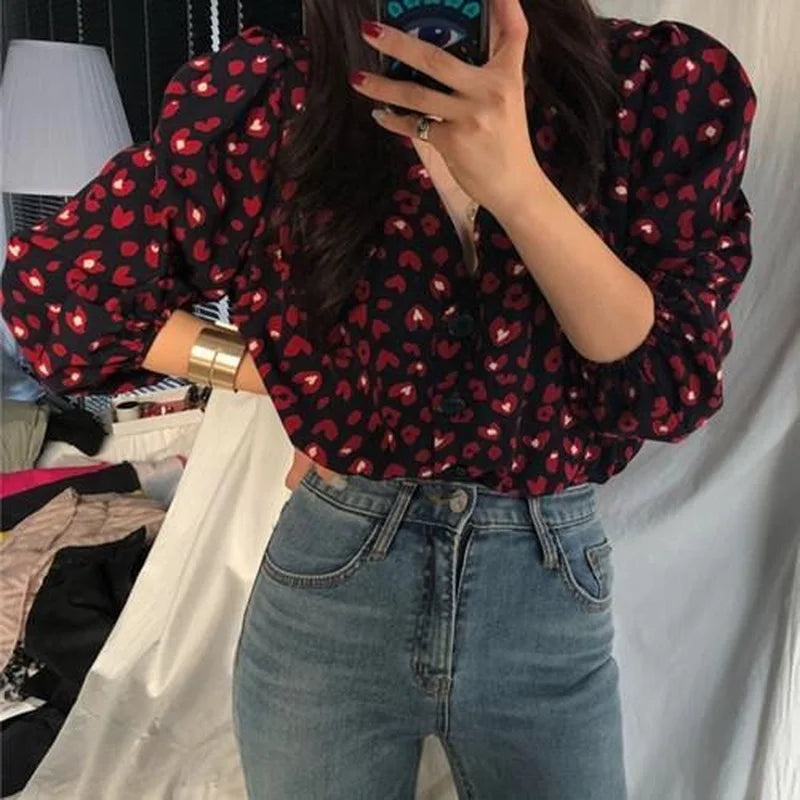 Shirt Woman Vintage Printed V-neck Sexy Korean Style Top Sweet Lantern Sleeve Retro Chic All-match Spring Autumn Single-Breasted Women Tops
