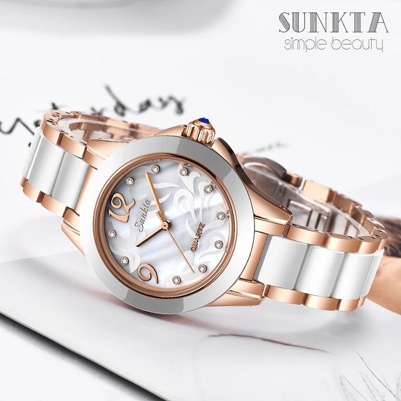 SUNKTA Luxury Crystal Waterproof Rose Gold Top Brand Bracelet Clock Gift Relogio women watch