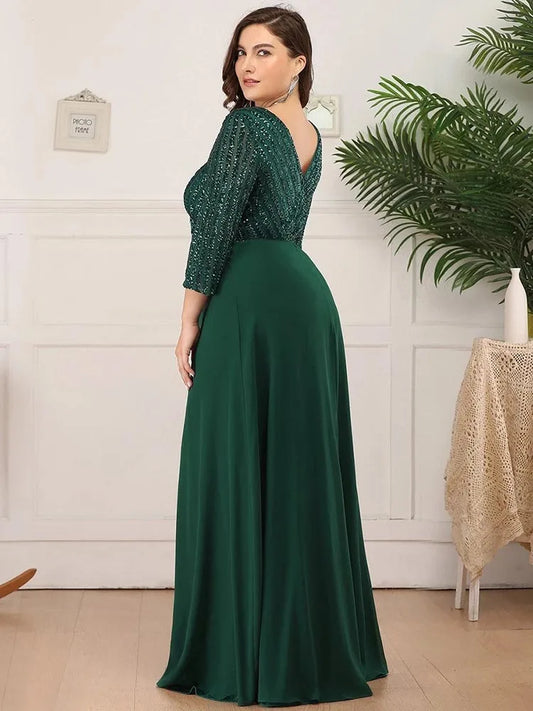 Dresses Long Sexy V Neck A-Line Sequin With 3/4 Sleeve ever pretty of Dark Green Bridesmaid dress Women Plus Size Clothing - Women Prom