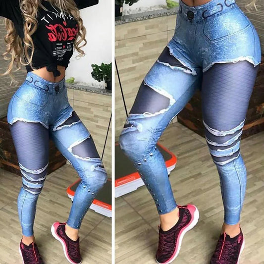 Woman Leggings Pocket Hole Imitation Denim Hip Athletic Pants Digital Printing Leggings Mujer  Women Legging