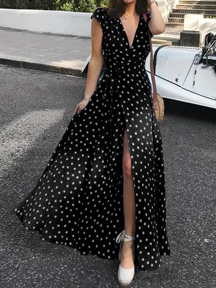 Celmia Bohemian Polka Dot Split Hem Maxi Sundress Woman Summer Short Sleeve Long Dress Vacation V-Neck Belted Vestidos Women Casual - Women Prom