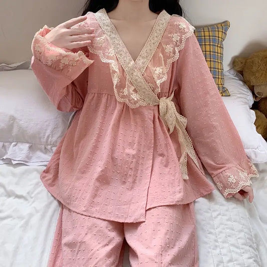 Fairy V-neck Lace Spring Pajama Sets Women Sashes Kimono Designed Loose Elegant Tender Stylish Chic Japan Sleepwear women lounge