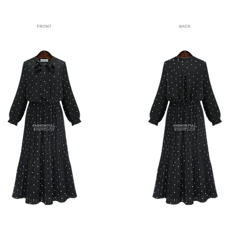 Woman Summer Chiffon Polka Dot Beach Dress Fashion Boho O Neck Long Sleeve Empire Bow Ladies Dress Plus Size Women Casual - Women Dress For Work