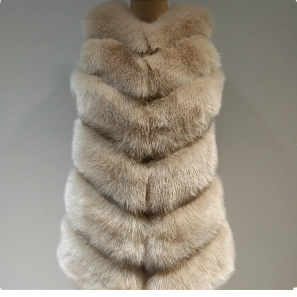 Lisa Colly Women Long Artificial Fox Fur Vest Women Winter Fashion Faux Fox Fur Vest Jacket Woman Warm Fake Fox Fur Women Coat Overcoat