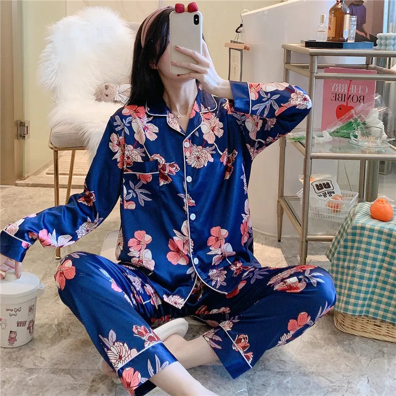 Large Size 6XL 7XL 8XL Pajamas Set Sleepwear Woman Satin 2PCS Shirt&Pants Wear Soft Home Clothes Pyjamas Nightwear Women Lounge - Women Casual