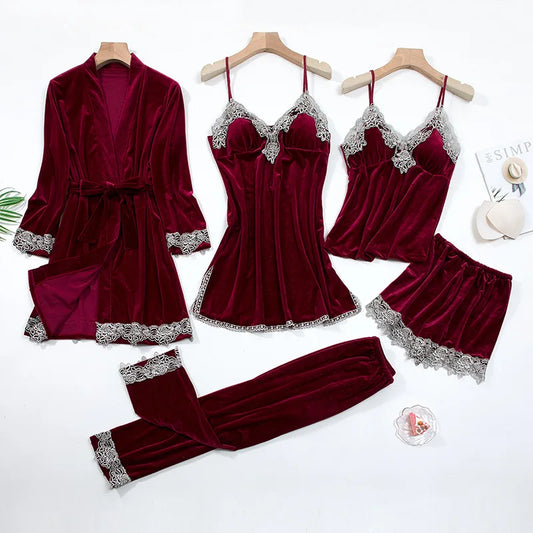 Sexy Lace Nightwear Pajamas Suit Intimate Velour Sleep Set 5PCS Kimono Robe Velvet Soft women lingerie