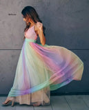 Lady Maxi Beach Dress Summer Rainbow Color Voile Backless Suspender Dress V-Neck Bohemian Dresses Women Sexy Big Hem Dress Women Prom