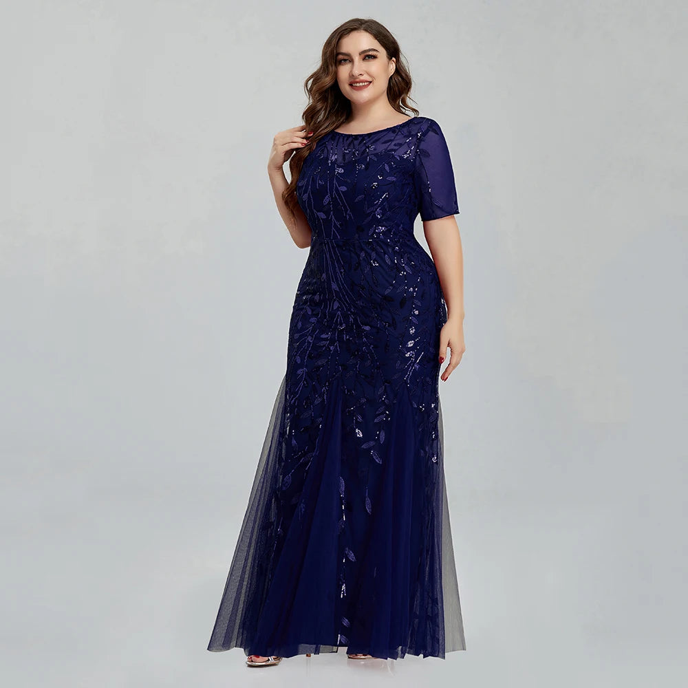 Sequin Mesh Embroidery Mermaid  Evening Dress Formal Short Sleeve Elegant Party Gowns New Long Women Plus Size Clothing - Women Prom