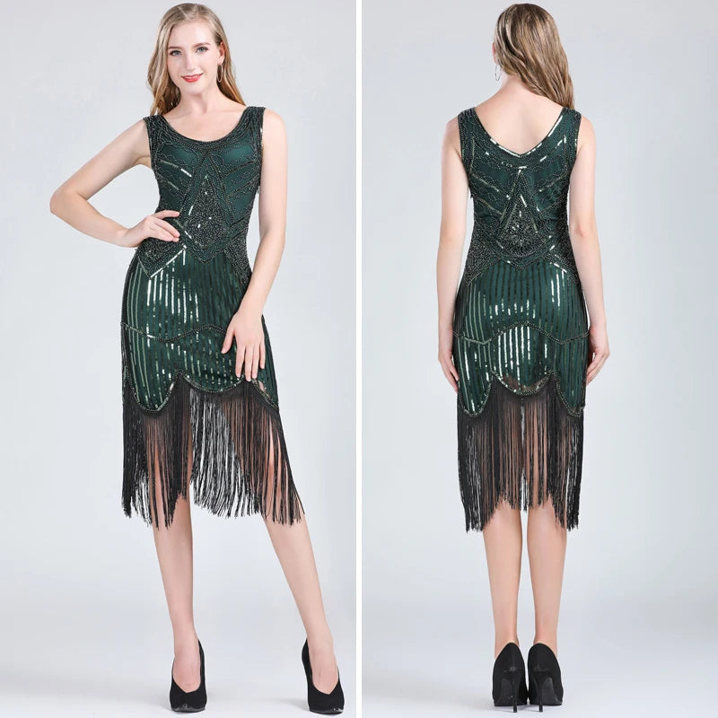 Woman Party Dress Great Gatsby Flapper Dress V Neck Sleeveless Embellished Sequin Beaded Fringe Dress Vestidos Women Tees - Women Prom