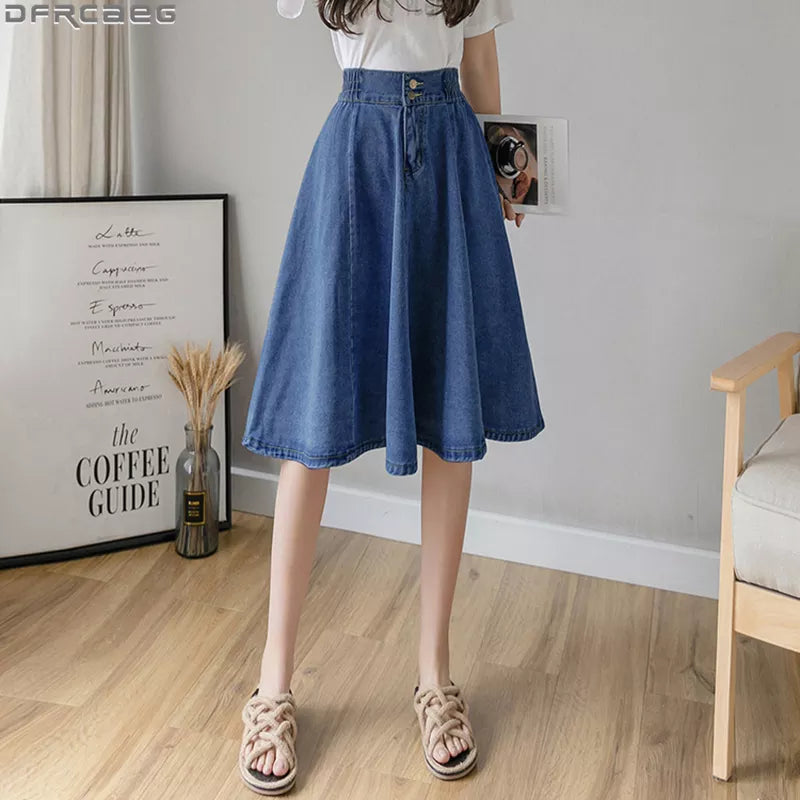 Vintage Elastic High Waist Ladies Denim Skirt New Spring Summer Streetwear Big swing Saia Midi Button A-line Girls Skirt- Women Jeans