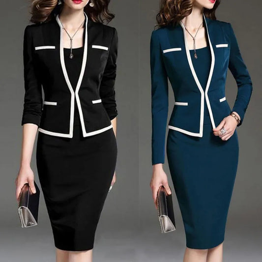 OTEN Autumn Two piece set pockets 3/4 Sleeve Office Lady Dress Casual Elegant Bodycon Party Wrap Women Dress For Work