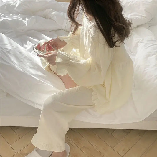 Pajama Sets Women Solid Simple Square Collar College Girls Kawaii Japanese Style Autumn Homewear Basic Casual Femme Cozy women lounge
