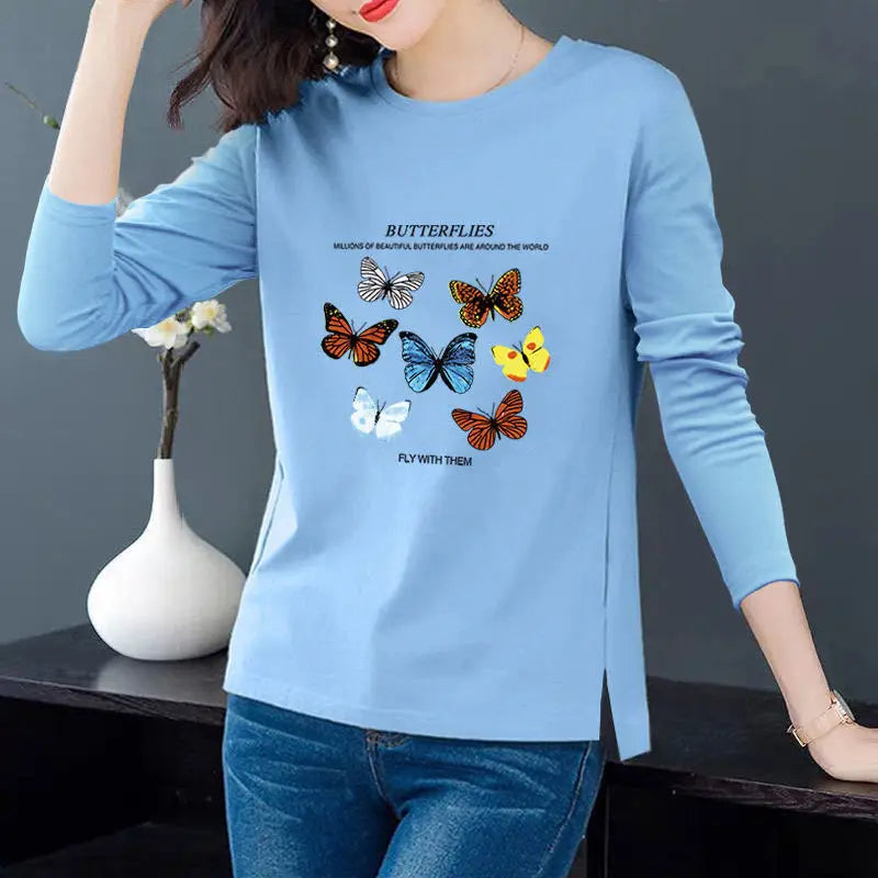 Butterfly Top Woman Cotton Long  Sleeve Graphic T-Shirts Plus Size Woman Clothing Female Basic Tee Shirts Tunics Women Tops - Women Casual