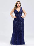 Sleeveless Cocktail Dress V Neck  Back Mermaid Party Gowns Tulle Sequins Full estidoes Women Plus Size Clothing - Women Prom