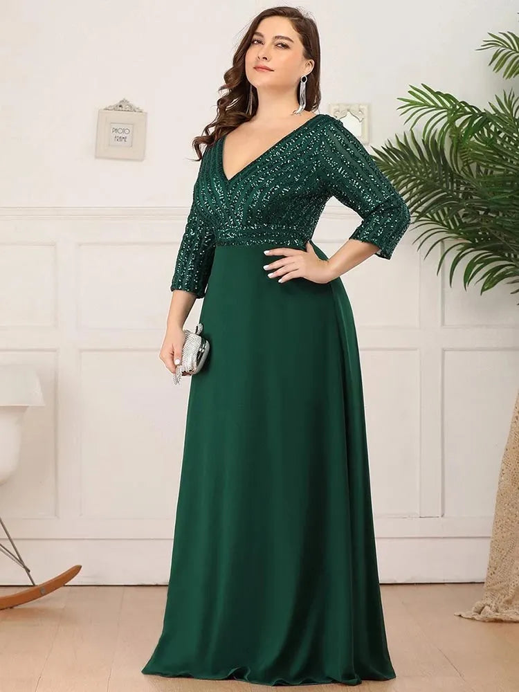 Dresses Long Sexy V Neck A-Line Sequin With 3/4 Sleeve ever pretty of Dark Green Bridesmaid dress Women Plus Size Clothing - Women Prom