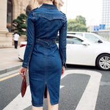 ZOGAA Dresses Woman Denim Daily Slim Long Sleeve Belt Knee-Length Solid Office Lady Large Size Elegant Fashion Women Casual - Women Jeans - Women Dress For Work