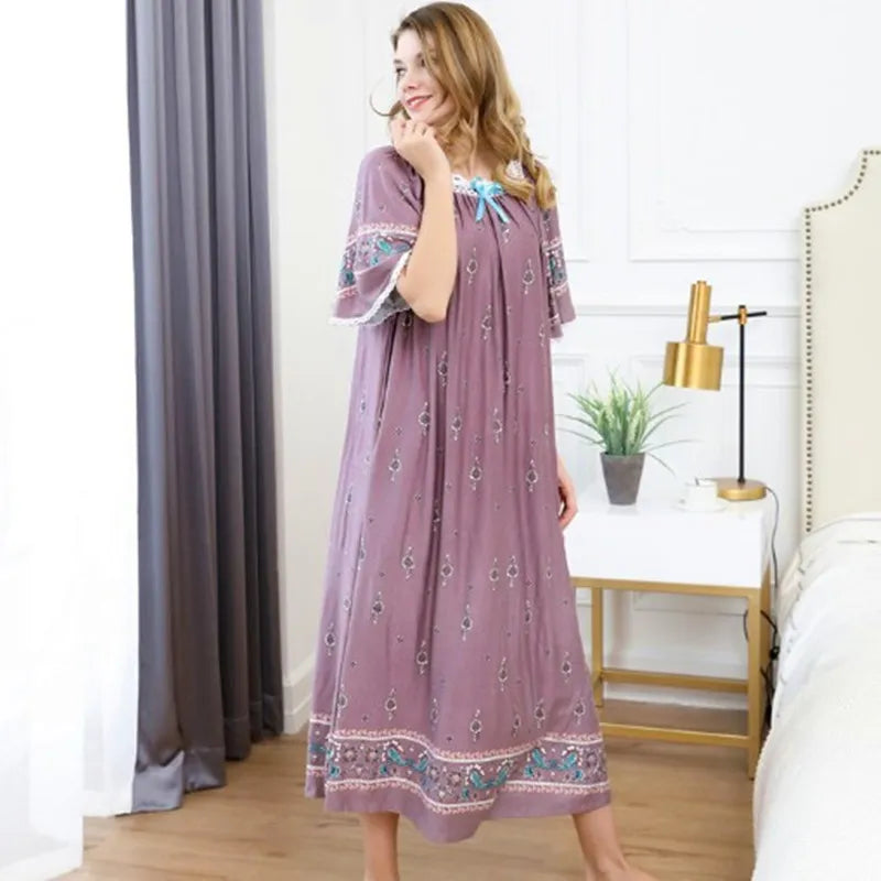 Plus size loose nightgown woman holiday print dress woman summer short sleeve cotton nightdress casual ladies long nightshirt Women Lounge