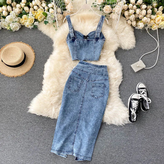 Amolapha Women Jeans Vest+Skirts Sets Straps Tops Buttons Denim Skirt Suits Women Jeans