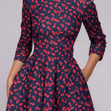 Fashion Woman Dress Elegant Fashion Floral Print Sleeve Round Neck A-line Slim Fit Ruched Evening Party Dress Women Plus Size Clothing - Women Prom