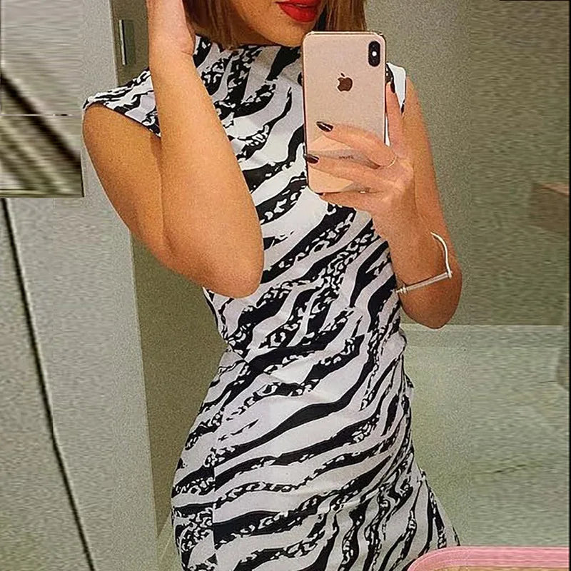 Zebra Print Sleeveless Tank Dress Office Ladies Elegant Knee Length Dresses Summer Casual Work Clothing Bodycon Pencil Vestidos Women Dress For Work