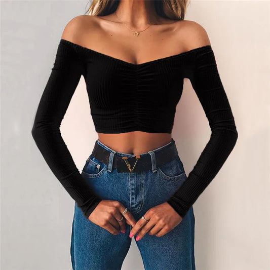 Women's Long Sleeve T-shirt Summer Fashion Casual Sexy Off Shoulder Solid Color Umbilical Exposure Sexy girl tops - women casual