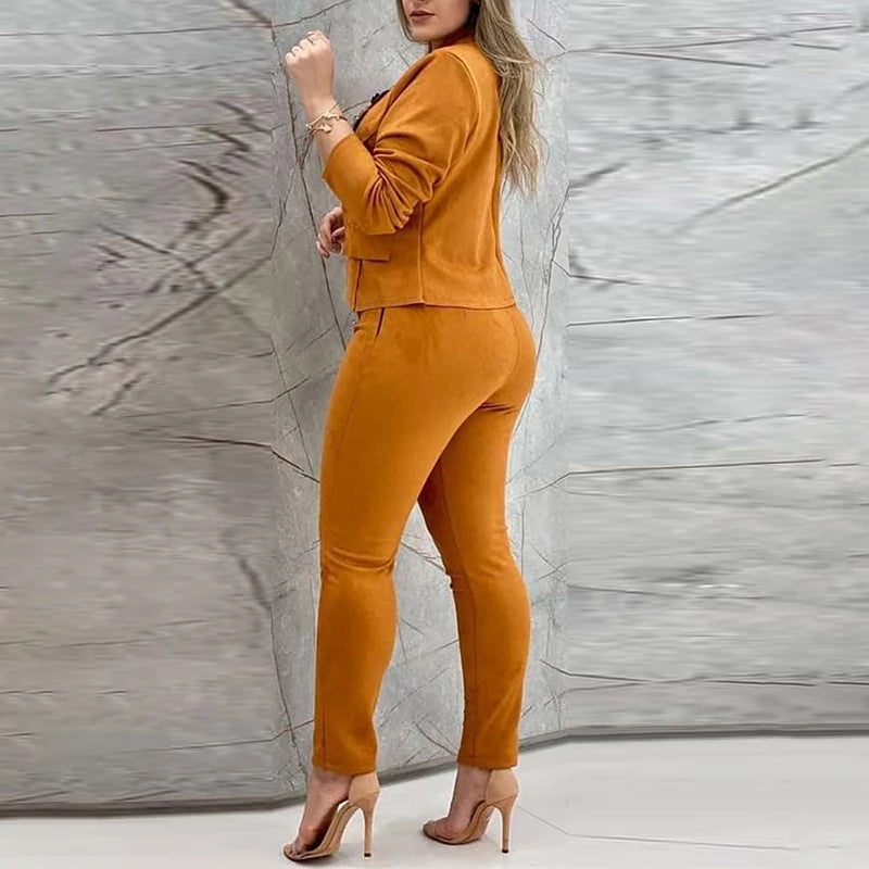 Work Wear Two Piece Suit Sets Summer Women Fashion Solid Color Long Sleeve Double Breasted Blazer & Long Casual Pants Set Women Suiting & Blazers