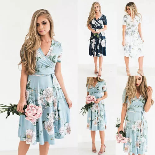 Woman Summer Chiffon Dress Boho Midi Flowers Printed Short Sleeve V-neck Dress Evening Party/Beach Dress/Floral Sundress Women Casual - Women Sleep