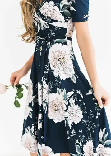 Woman Summer Chiffon Dress Boho Midi Flowers Printed Short Sleeve V-neck Dress Evening Party/Beach Dress/Floral Sundress Women Casual - Women Sleep