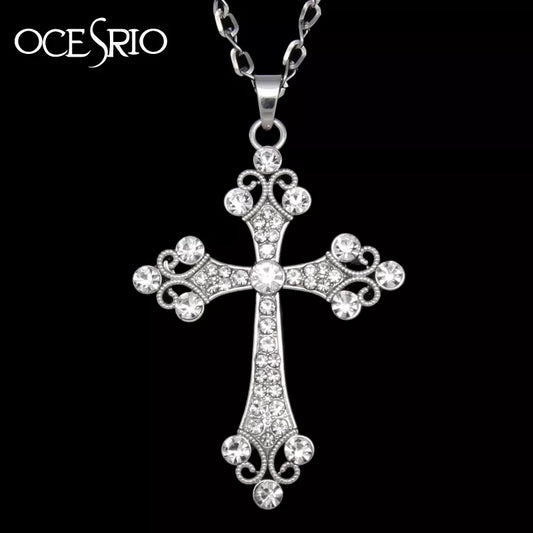Big Silver Color Cross Pendant Necklace Crystal Rhinestone Long Chain Necklace for Women Hip Hop Fashion Jewelry - Women Jewellery - Girl Jewellery - Women Accessory - Girl Accessory