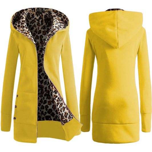 Autumn Winter Fashion Women Warm Hooded Leopard Print Jacket Long Coat Lady Long Sleeve Yellow Red Black Overcoat Outwear - Women Blazer - Women Coat