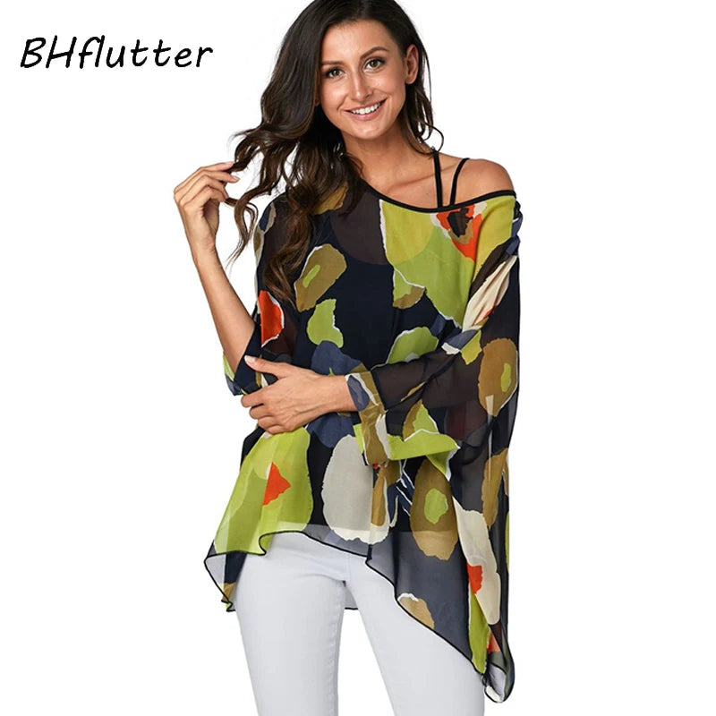 BHflutter Women Tops Off Shoulder Sexy Summer Blouses New Arrival Color Spliced Casual Loose Chiffon Shirts Women Tops & Tees