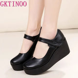 GKTINOO Spring Leather Women's Pumps Platform Wedges Round Toes Ankle Strap Black High Heels Girls Shoes