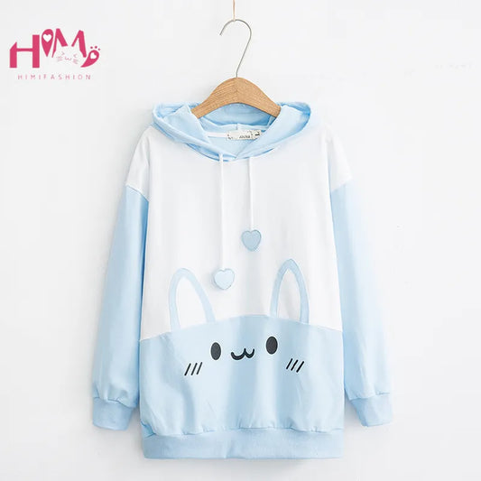 Cute Rabbit Women White Hoodie Kawaii Bunny Ear Printed Graphic Hooded Sweatshirt Autumn Harajuku Girls Pink Blue Pullover - Women Jacket