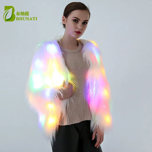 6XL Women Faux Fur LED Light Coat Christmas Costumes Cosplay Fluffy Fur Jacket Outwear Winter Warm Festival Party Club Overcoat - Women Jacket