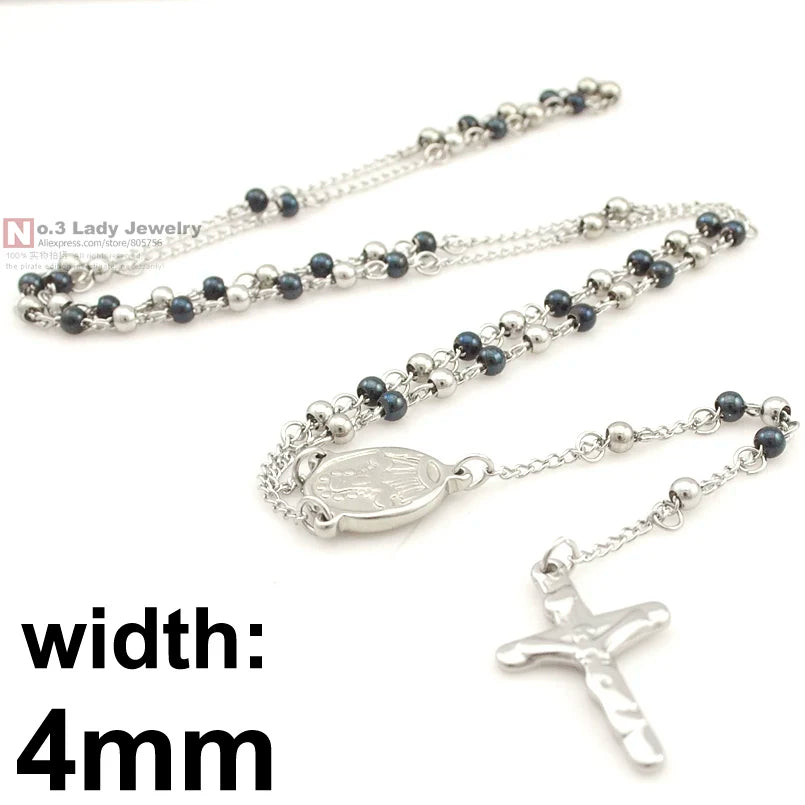Gokadima Stainless Steel Necklace Men Jewelry or Women Catholic Rosary Beads Chain Necklace Cross For Christmas Gift, 4mm / 6mm - Women Jewellery - Girl Jewellery - Women Accessory - Girl Accessory