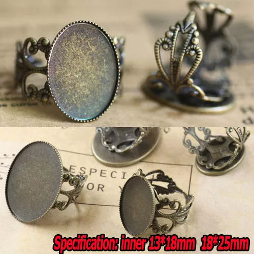 10pcs Wholesale Antique Bronze Filigree Ring Blank Jewelry with inner 13*18/18*25mm Teeth Edge Cameo Setting Cabochons Tray- Women Jewellery - Women Accessory