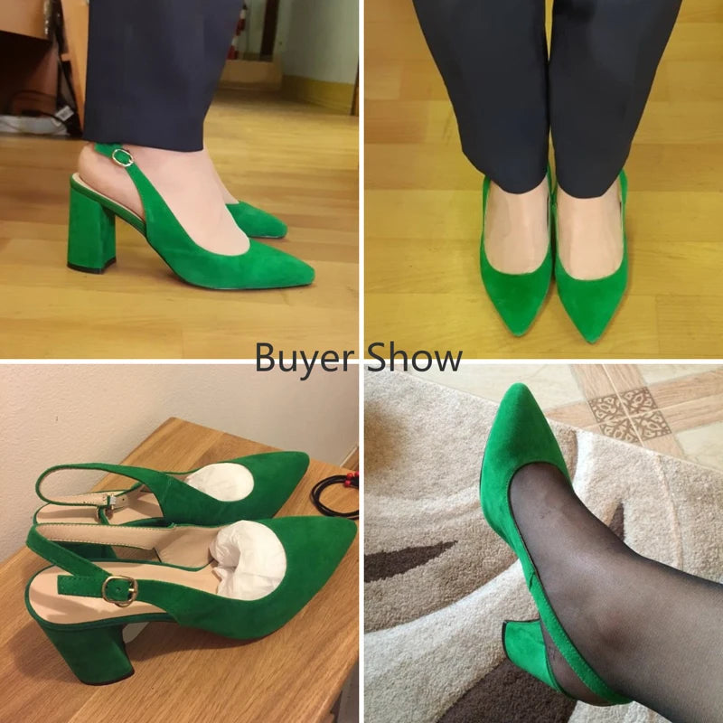 Meotina Kid Suede High Heels Pointed Toe Slingbacks Thick High Heel Pumps Autumn Lady Party Heels Green Beige 34-42 Women Shoe